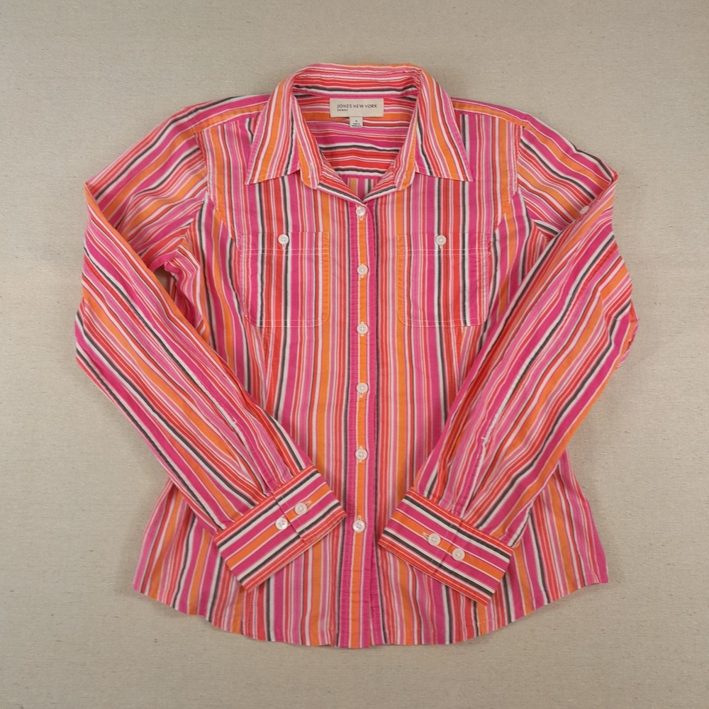 Jones New York Sport Button Up Shirt W Small Striped lightweight 100% Cotton